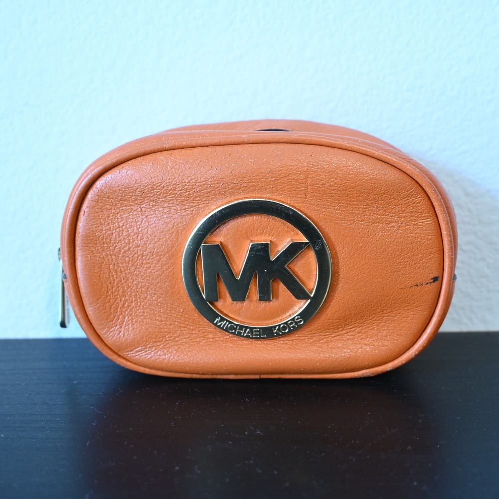 Michael Kors Fulton Orange Leather Cosmetic Pouch Makeup Bag Full Zip